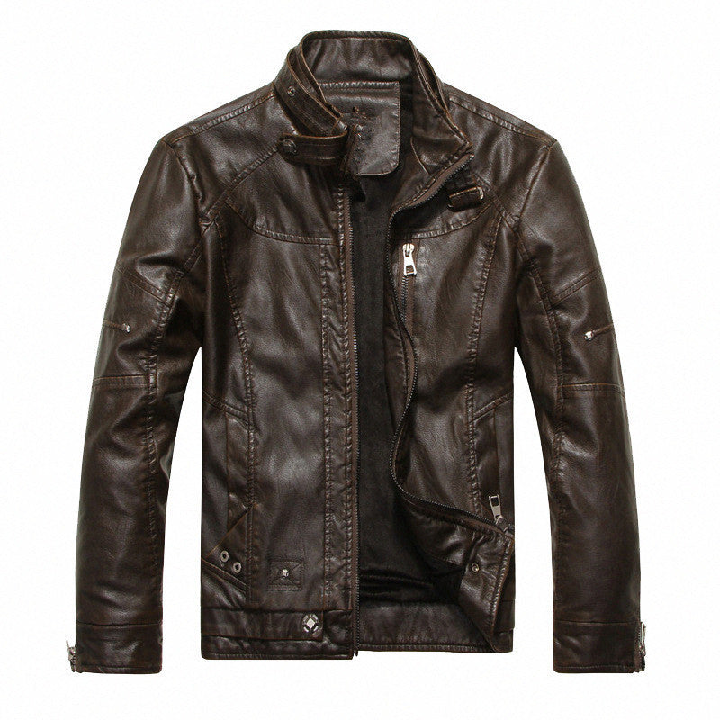 Herren Lederimitat-Bikerjacke im Vintage‑Look mit Stehkragen, Ziernähten und Reißverschluss Echoarchiv