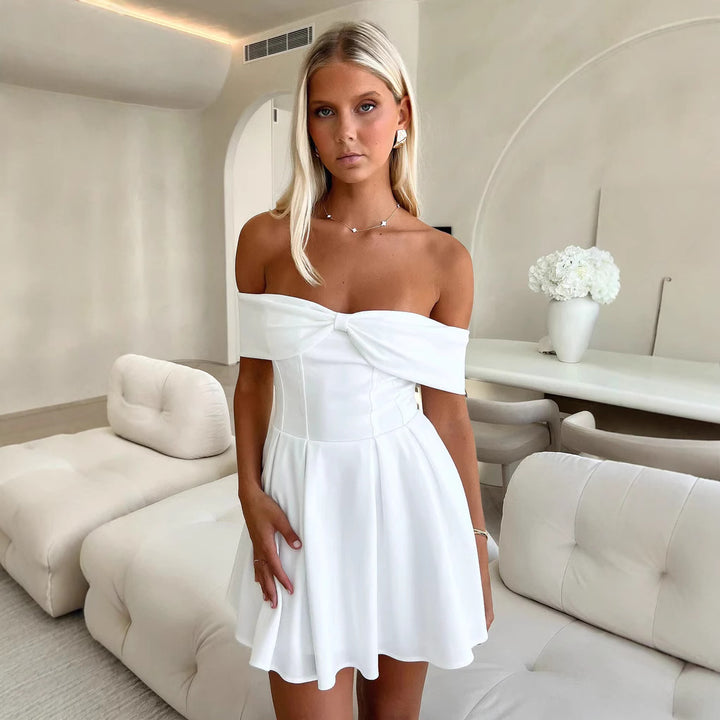 Damen Off-Shoulder Minikleid mit strukturiertem Oberteil und ausgestelltem Rock Echo Archiv