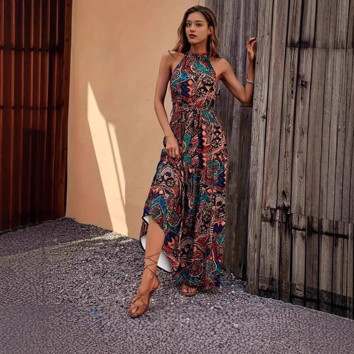 Damen Maxikleid Im Boho-Stil mit Elegantem Halterneck und Seitlichem Bindegürtel Echoarchiv