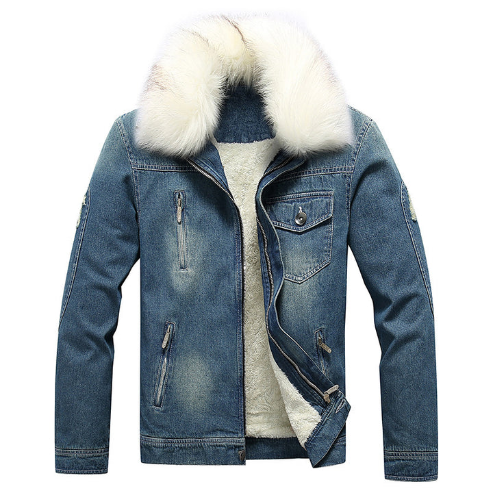 Herren Denim-Thermojacke mit Fleece-Innenfutter und abnehmbarem Kunstfellkragen – Denvaro