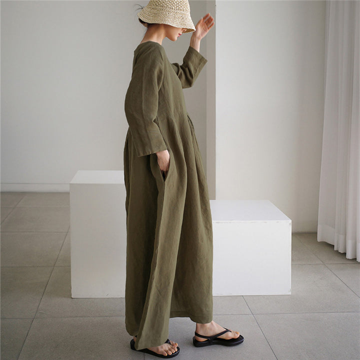 Damen Maxi-Kleid aus Leinen mit Teilnaht, sanften Faltenfall und Langarm – Valéora