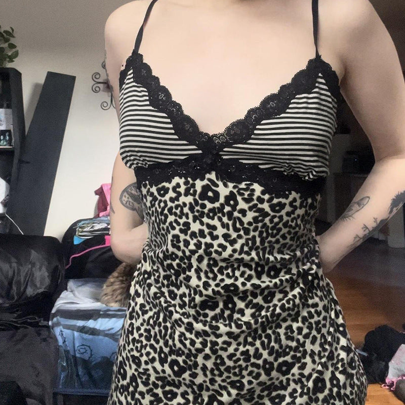 Damen Spaghetti-Trägertop mit elegantem Spitzenbesatz und modernem Leopardenmuster Echo Archiv