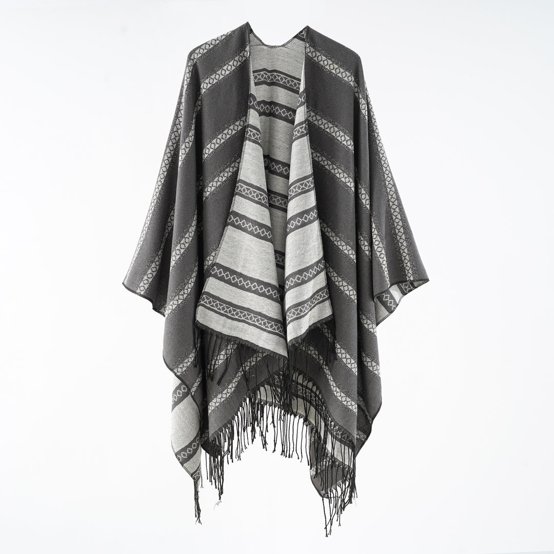 Damen Wollmix-Wickelponcho im Jacquardstreifen mit Fransen Echo Archiv