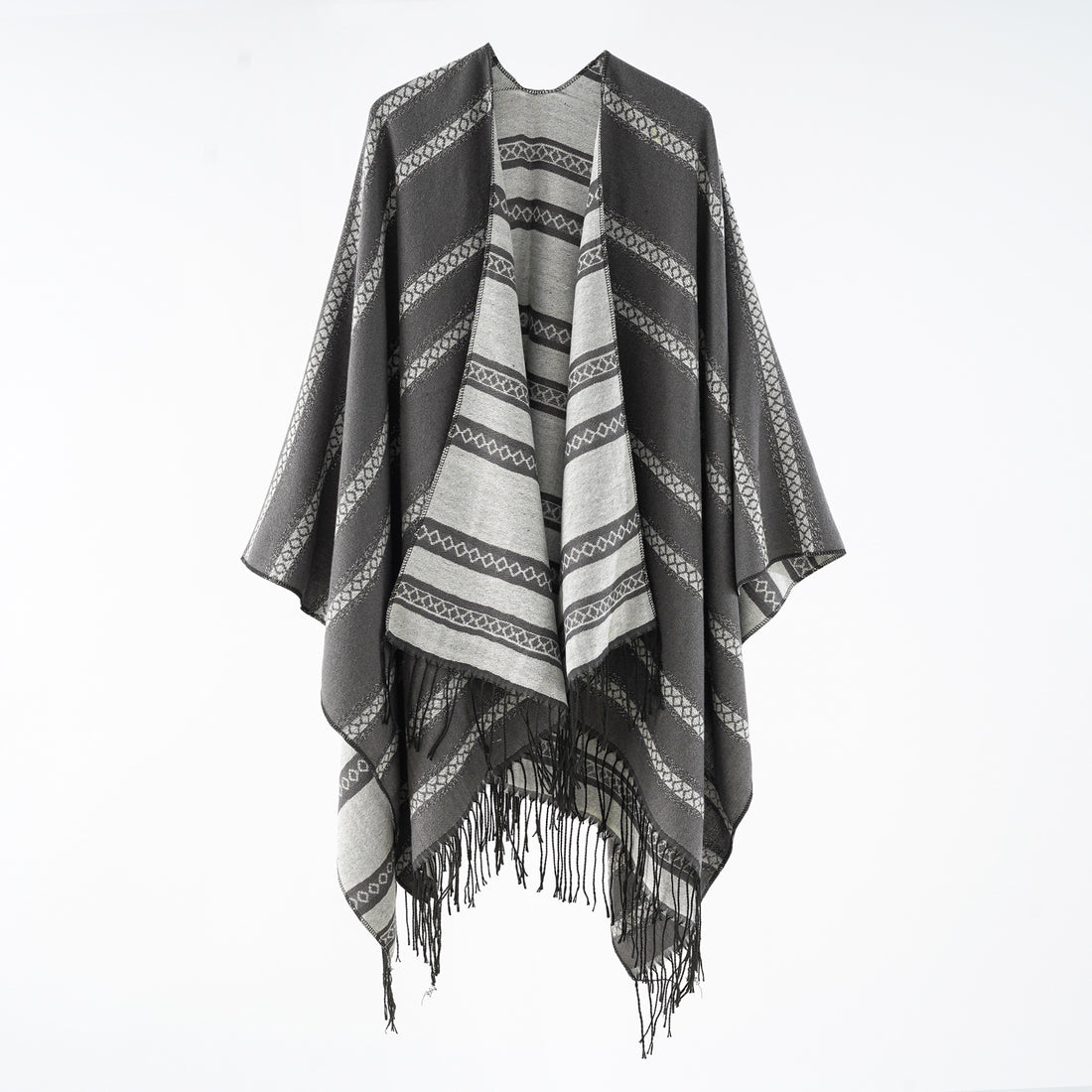 Damen Wollmix-Wickelponcho im Jacquardstreifen mit Fransen – Montévia
