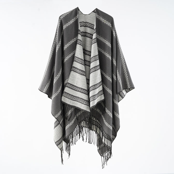 Damen Wollmix-Wickelponcho im Jacquardstreifen mit Fransen Echo Archiv