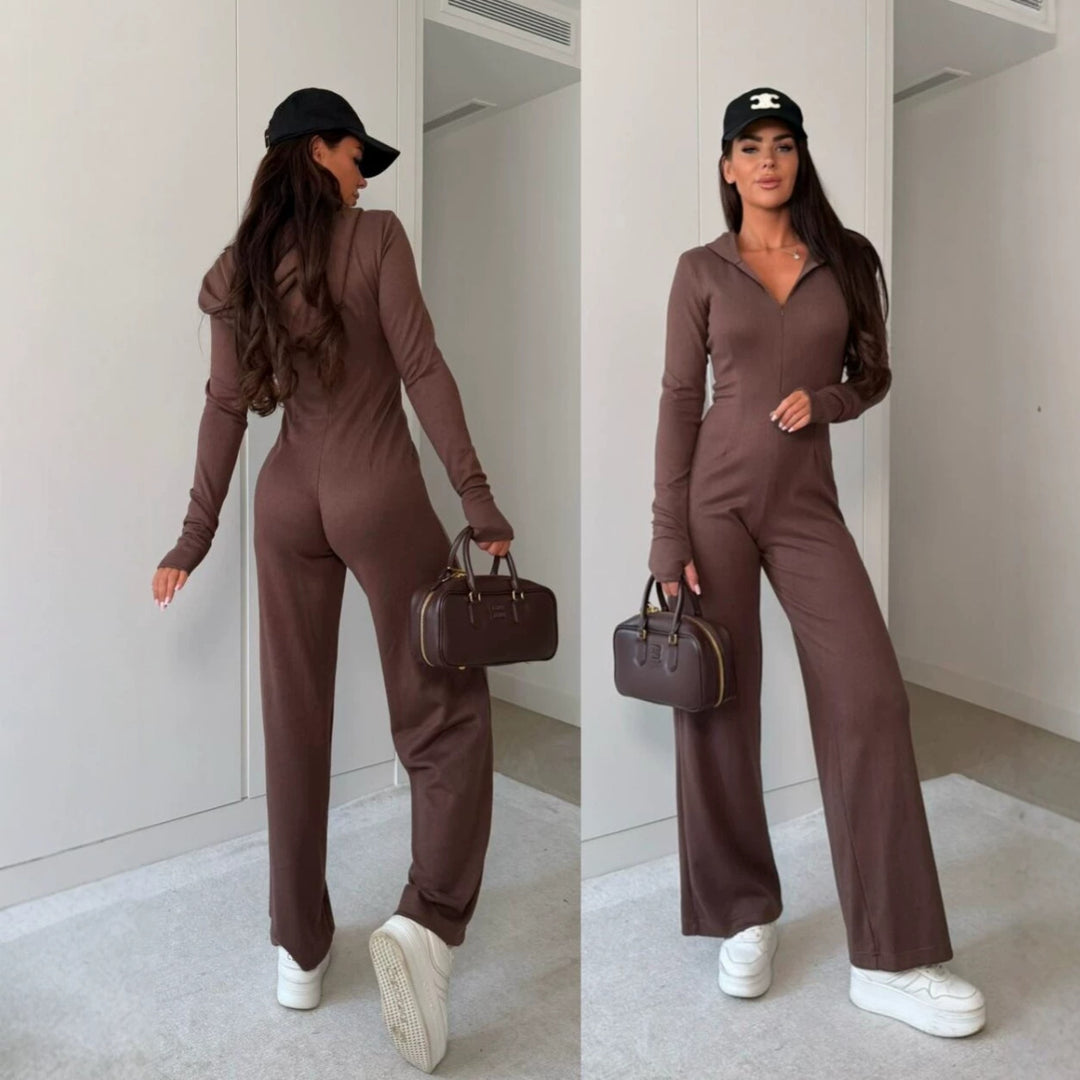 Damen Rippstrick Jumpsuit mit Kapuze und Front-Reißverschluss Echoarchiv