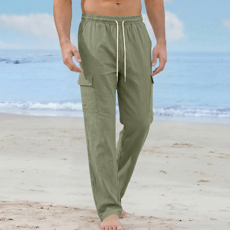 Herren Cargo-Strandhose aus Leinenmix mit elastischem Bund und Kordelzug – Bravaro