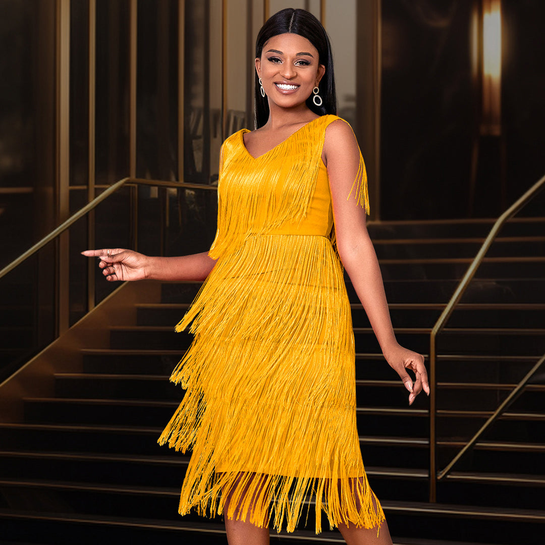 Damen Fransen Kleid mit elegantem V-Ausschnitt und schwingendem Saum Echo Archiv