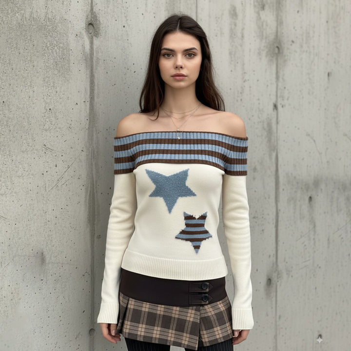 Damen Schulterfreier Feinstrick-Pullover mit Umschlagkragen und Stern-Applikation Echo Archiv