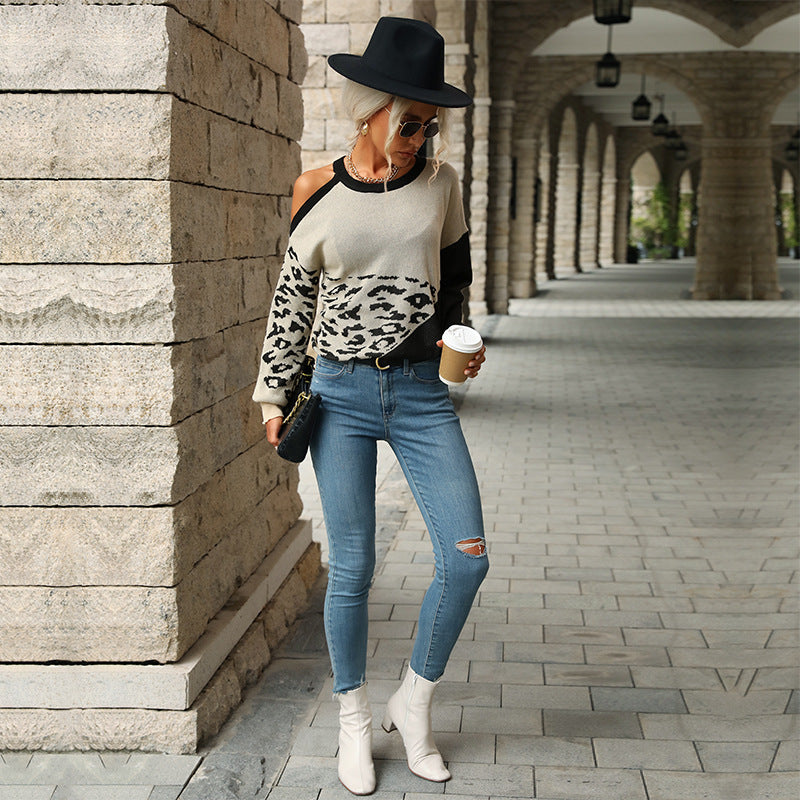 Damen Colorblock-Strickpullover mit Leoprint und Rundhalsausschnitt – Mavelle