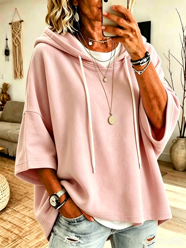Damen Kurzarm-Oversize-Hoodie mit Kapuze und Kontrastkordel Echoarchiv
