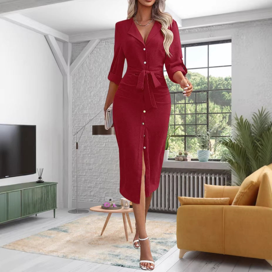 Damen Hemdblusenkleid mit Taillengürtel, Umschlagärmeln und vorderem Schlitz – Élara