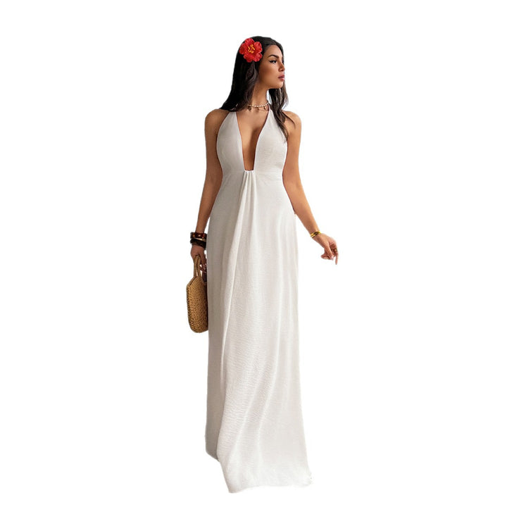 Damen Maxi-Urlaubs- und Strandkleid mit tiefem V-Ausschnitt und Rückenlöcher Echo Archiv