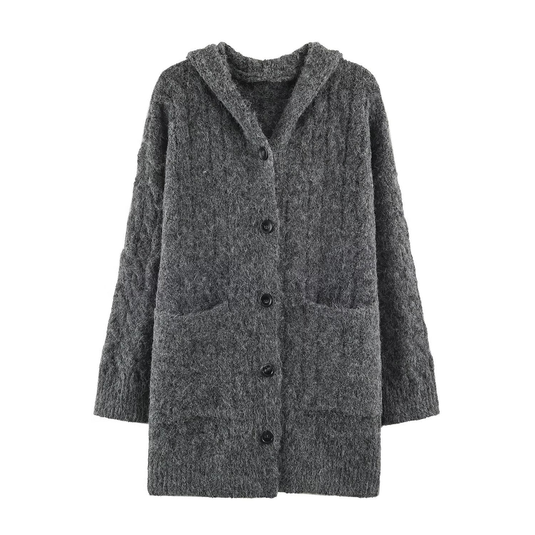Damen Langgestrickter Kapuzen-Cardigan mit Zopfmuster und Knopfleiste Echoarchiv