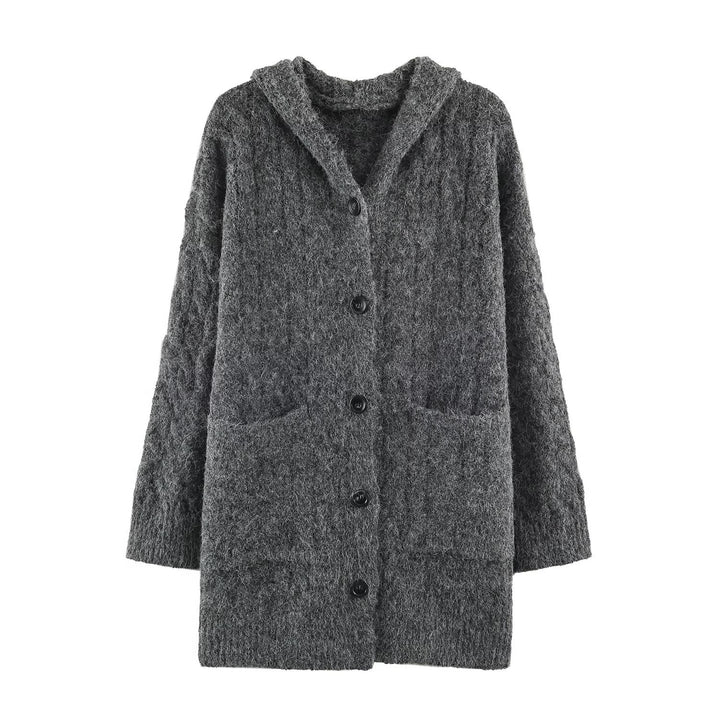 Damen Langgestrickter Kapuzen-Cardigan mit Zopfmuster und Knopfleiste Echoarchiv