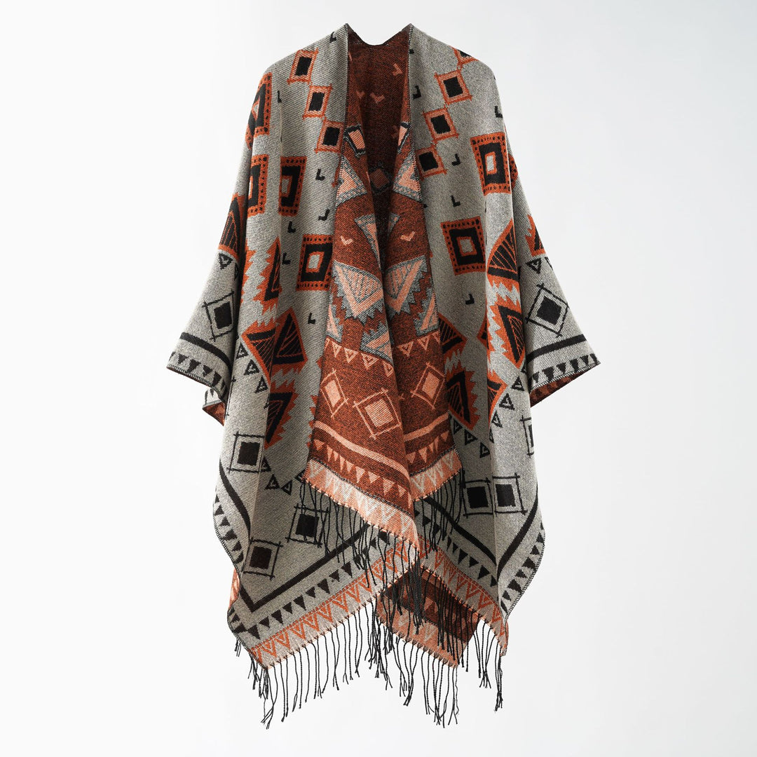 Damen Weichfallender Jacquard-Umhang im Ruana-Stil mit Fransen Echo Archiv