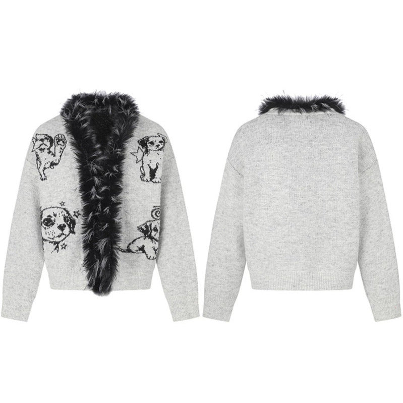 Damen Strickjacke mit Kunstfellkragen und illustrativem Hundemotiv Echoarchiv