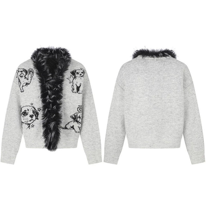 Damen Strickjacke mit Kunstfellkragen und illustrativem Hundemotiv Echoarchiv