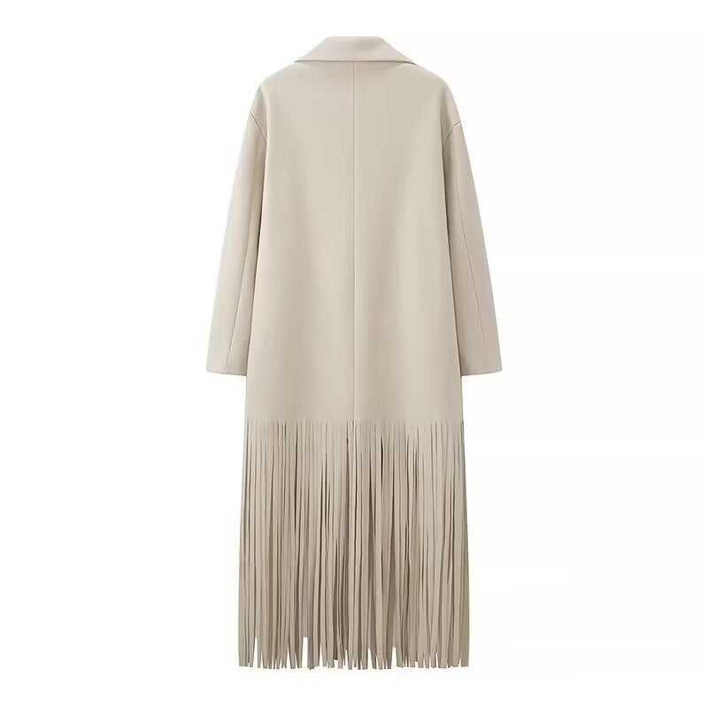 Damen Langmantel mit langem Fransen‑Saum, kastiger Oversize‑Silhouette und Reverskragen Echo Archiv