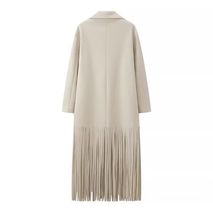 Damen Langmantel mit langem Fransen‑Saum, kastiger Oversize‑Silhouette und Reverskragen Echo Archiv