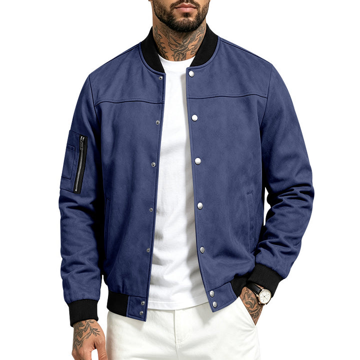 Herren Veloursleder‑Optik Bomberjacke mit Druckknopfleiste, Ärmeltasche und Rippbündchen – Brevano