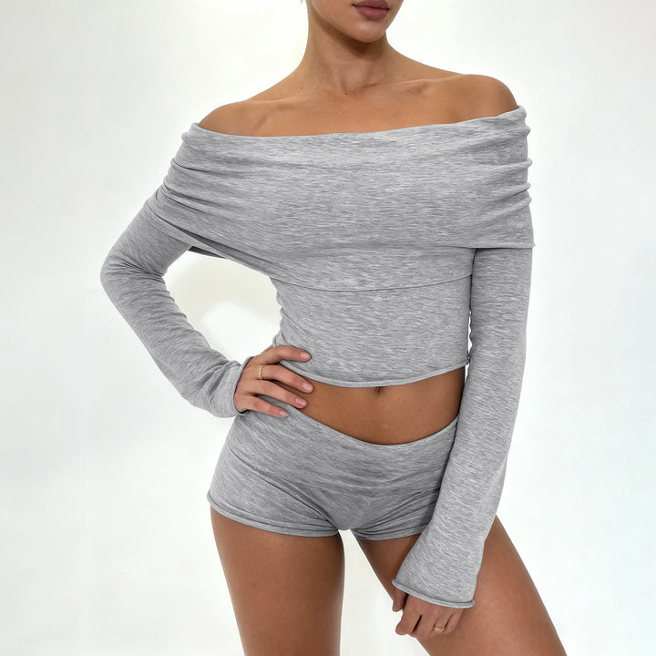 Damen nan Off-Shoulder Lounge-Set mit Langarm-Croptop und Highwaist-Shorts aus Stretchjersey Echo Archiv