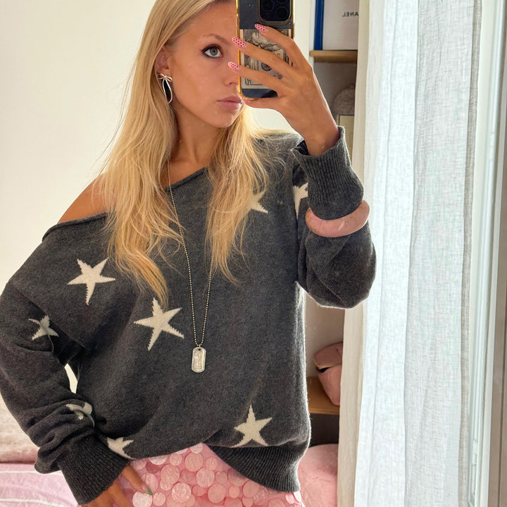 Damen Off-Shoulder Oversized Strickpullover mit Sternenmuster und geripptem Saum Echo Archiv
