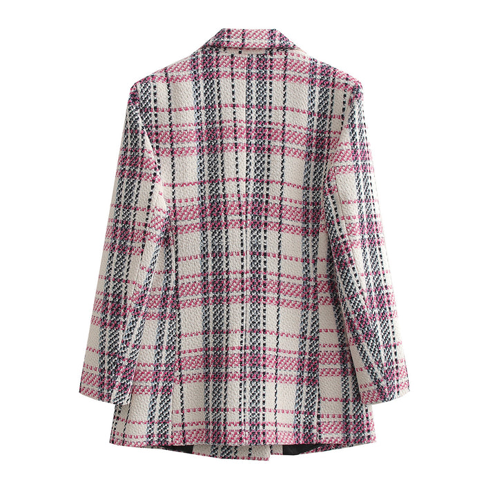 Damen Bouclé-Tweed Longblazer mit Doppelreihigem Verschluss und Pattentaschen – Célinea