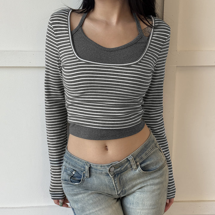 Damen Enges Layering-Longsleeve mit tiefem U-Ausschnitt und integrierter Camisole Echo Archiv