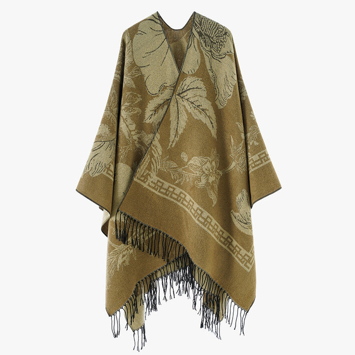 Damen Rechteckiger Jacquard-Überwurf mit floralem Allovermotiv und Fransensaum – Avérine