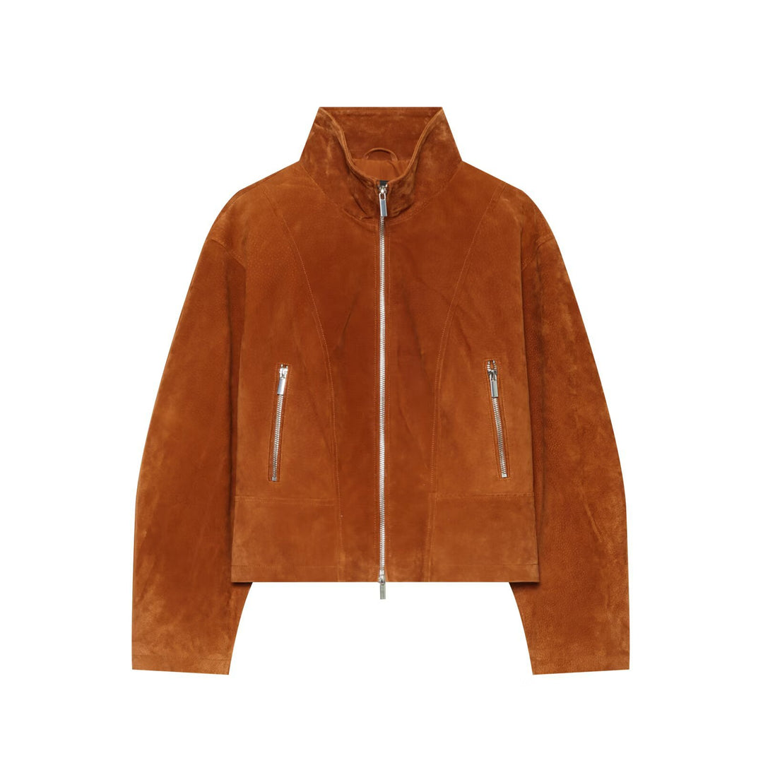 Damen Cropped Velourslederjacke mit Stehkragen und durchgehendem Reißverschluss Echo Archiv