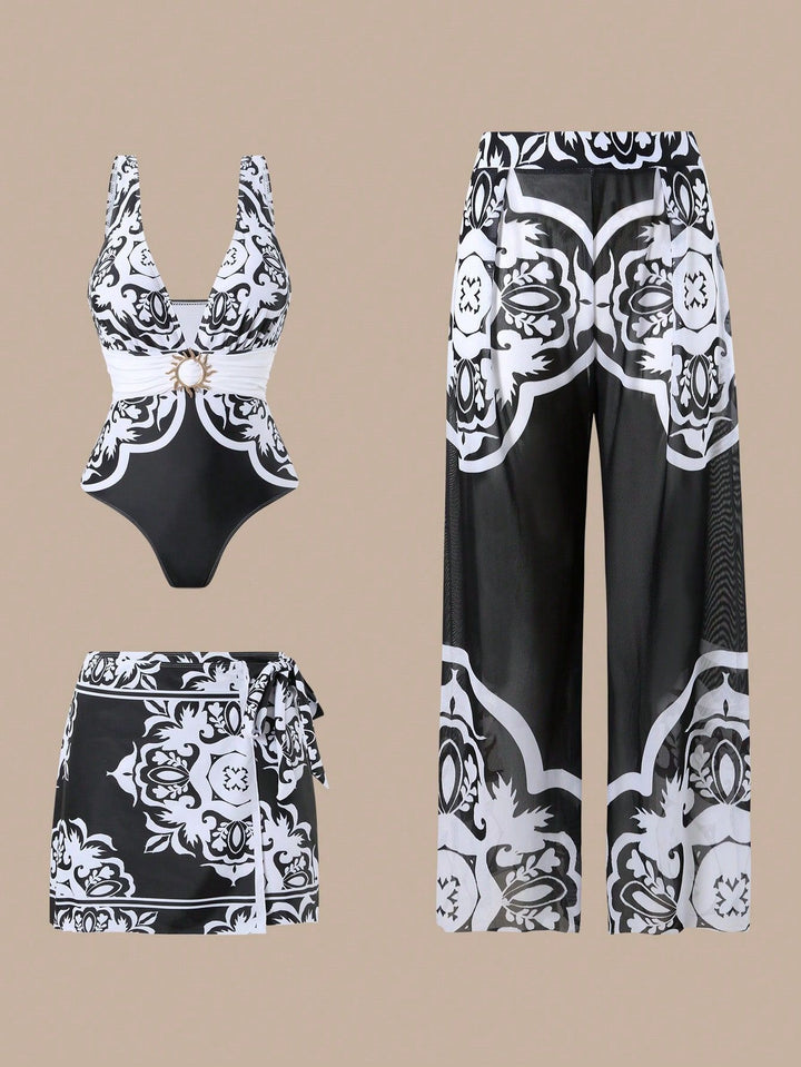 Damen Eleganter Badeanzug mit passendem Strandhosen-Set Echo Archiv