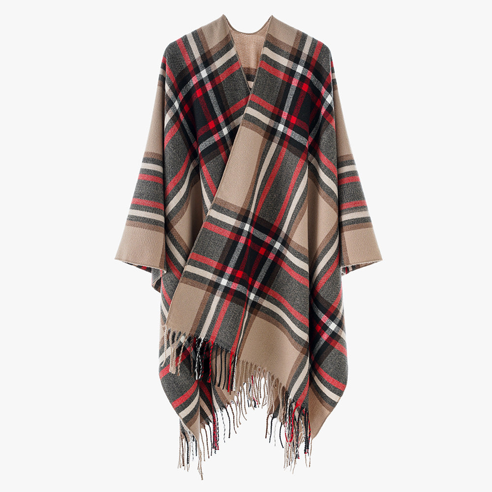 Damen Karierter Oversize-Überwurfponcho mit V-Ausschnitt und Fransensaum – Avérine