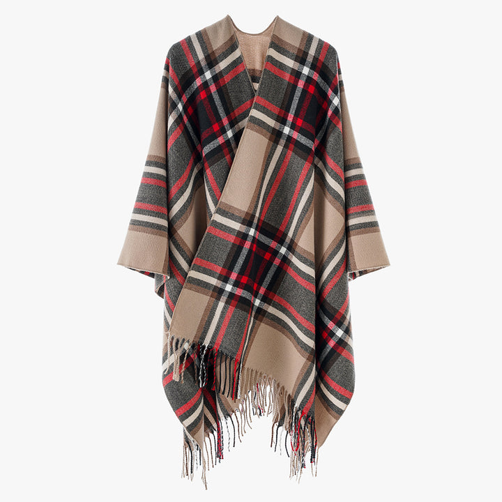 Damen Karierter Oversize-Überwurfponcho mit V-Ausschnitt und Fransensaum – Avérine