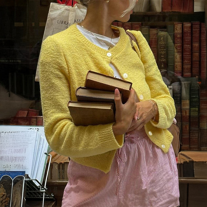 Damen nan kurze Bouclé-Cardigan im Vintage-Stil mit Perlmuttknopfleiste und kastiger Passform Echo Archiv