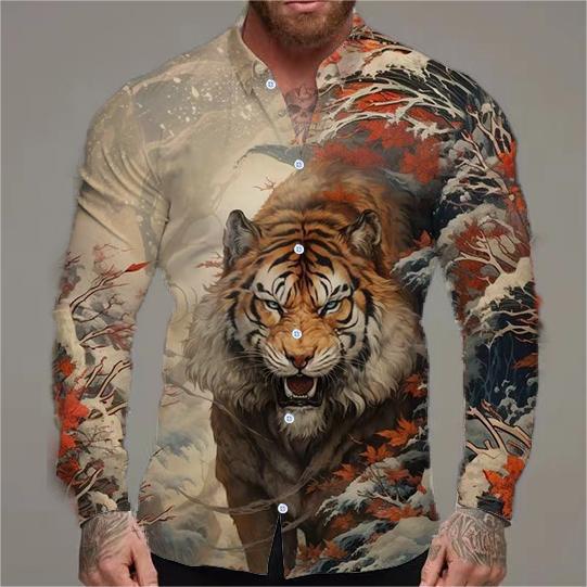 Herren Langarmhemd mit kreativem Tiermotiv und floralem Design Echoarchiv
