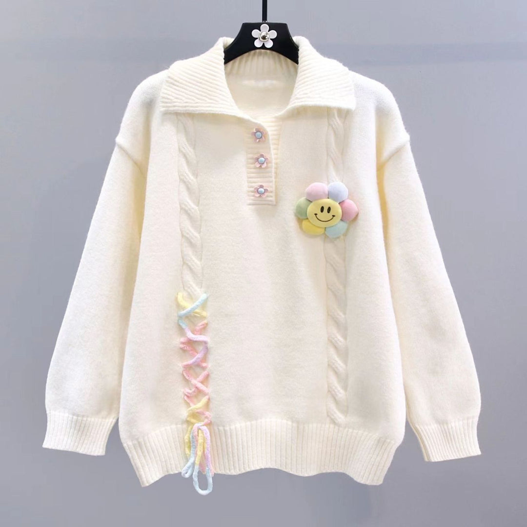 Damen Modischer Pullover mit Blumenapplikationen und Kabelmuster Echo Archiv