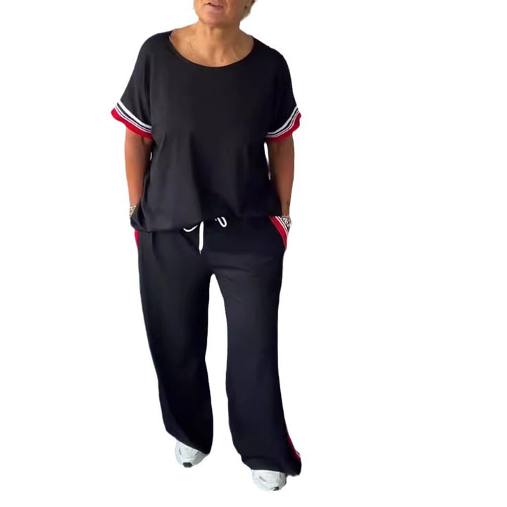 Damen nan sportlich-eleganter Zweiteiler mit kastigem Kurzarmshirt, Tunnelzug-Jogpant und seitlichem Kontraststreifen Echo Archiv
