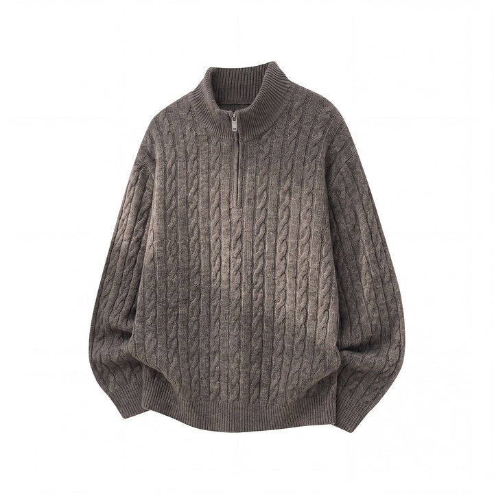 Unisex Lässiger Zopfmuster-Halbzip-Pullover mit hohem Rippkragen und Oversize-Schnitt Echo Archiv