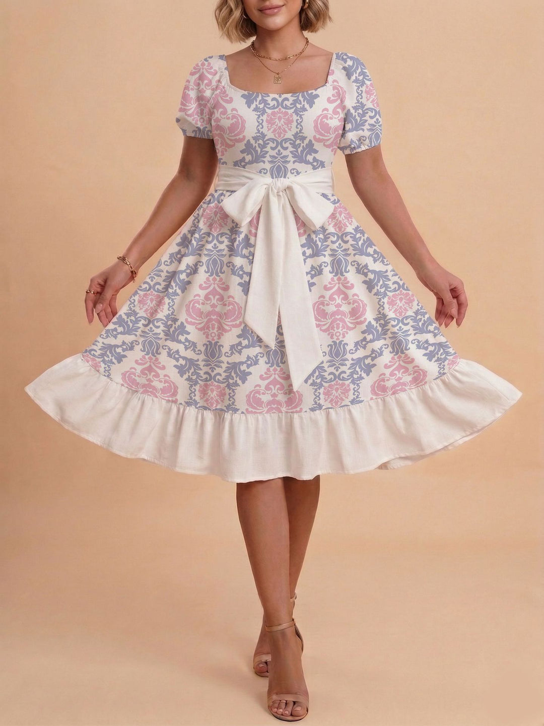 Damen Retro Maxikleid mit Puffärmeln und Taillengürtel Echo Archiv