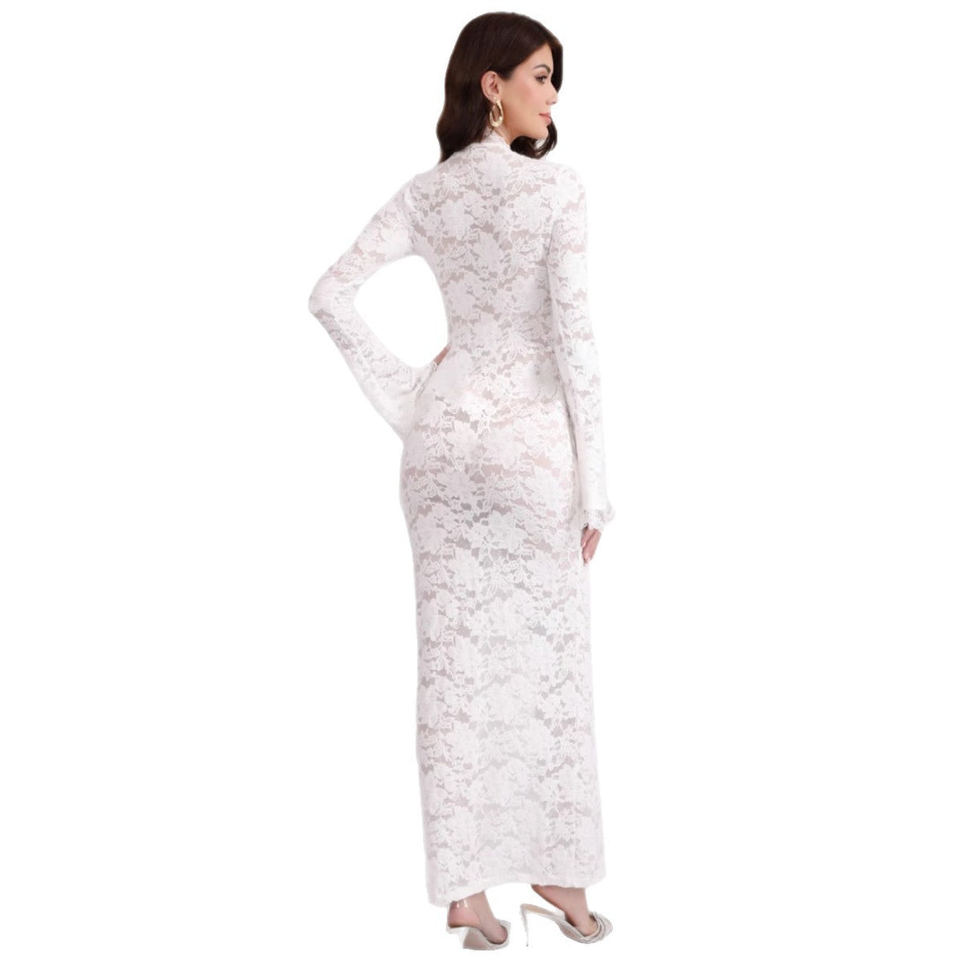 Damen Spitzenmaxikleid mit Schnürung und hohem Beinschlitz Echoarchiv