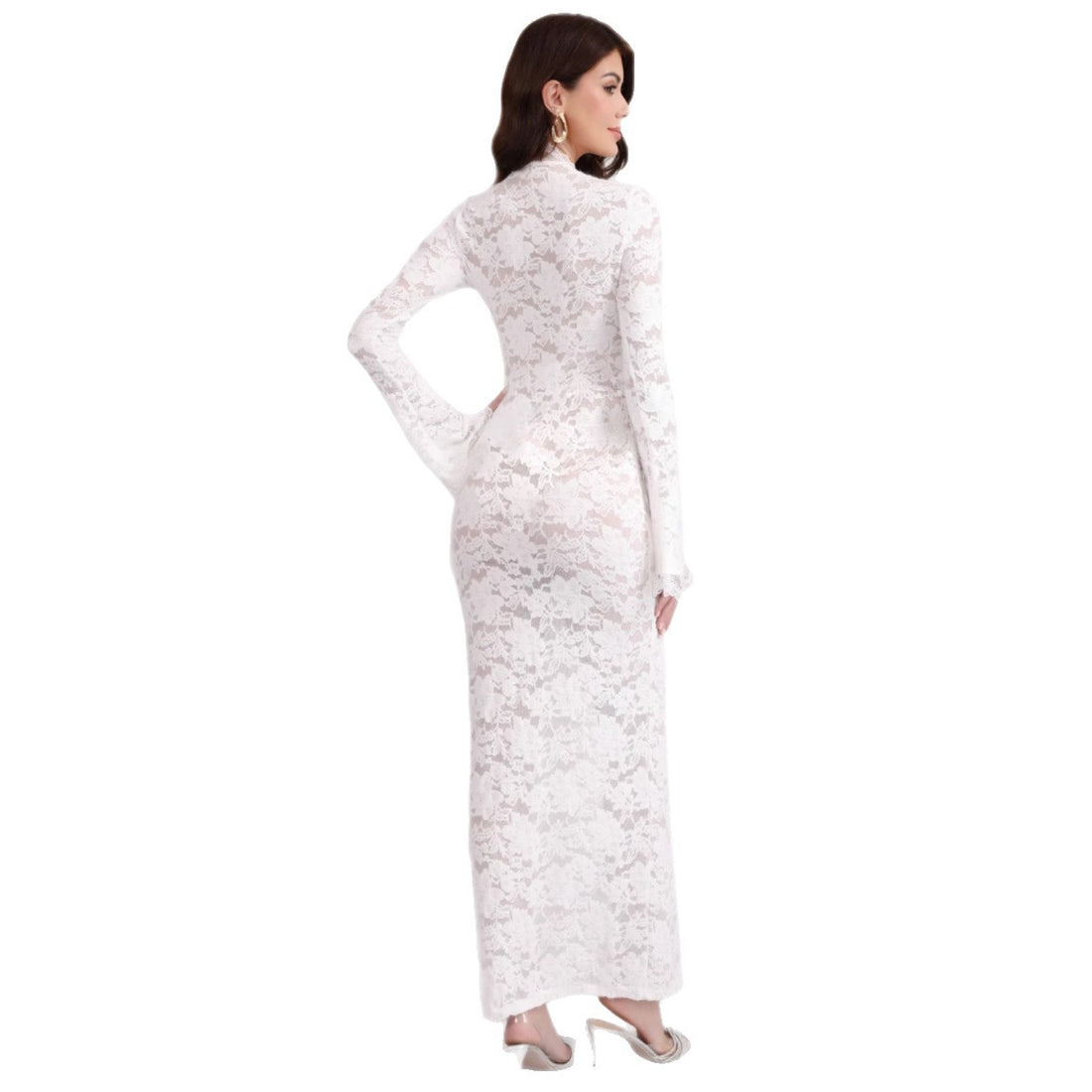 Damen Spitzenmaxikleid mit Schnürung und hohem Beinschlitz – Valéora