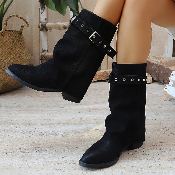 Damen Mid-Calf-Stiefel mit Schnallenriemen und niedrigem Blockabsatz Echoarchiv