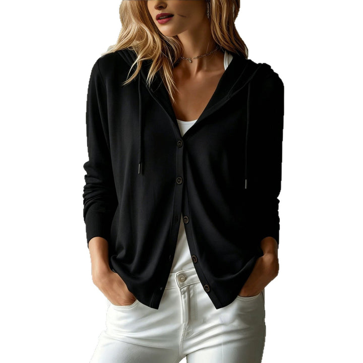 Damen leichter Kapuzen-Cardigan mit Knopfleiste und Tunnelzug – Veloura