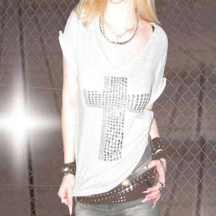 Damen Oversized T-Shirt mit Kristallverzierung und V-Ausschnitt Echo Archiv