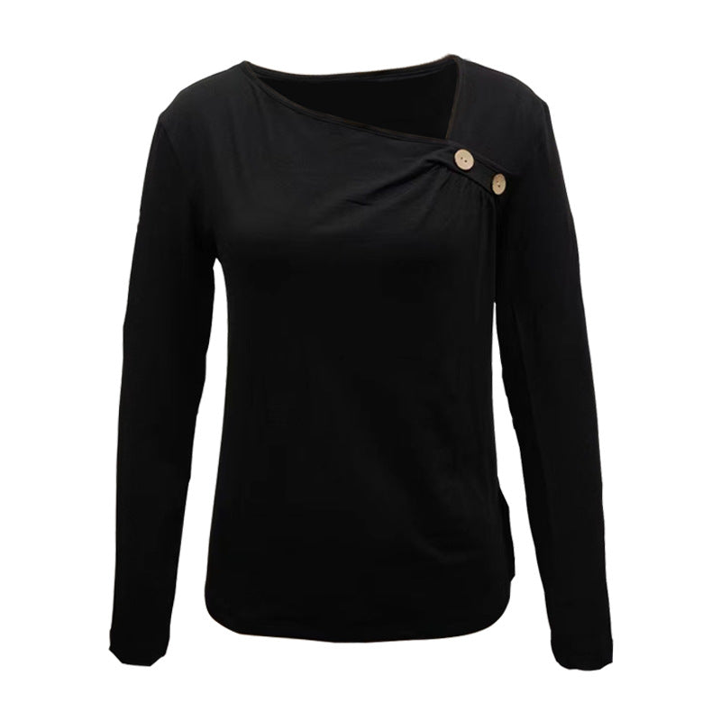 Damen Langarmshirt mit asymmetrischem Ausschnitt und Zierknöpfen – Avérine