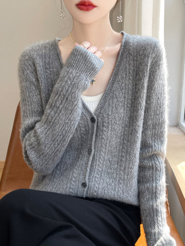 Damen Kurzer Zopfmuster-Cardigan im Mohair-Look mit V‑Ausschnitt und gerippten Bündchen Echoarchiv