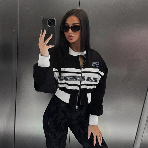Damen Kurzgeschnittene Racer-Trainingsjacke mit Reißverschluss, sportlichem Print und elastischem Bund – Avérine