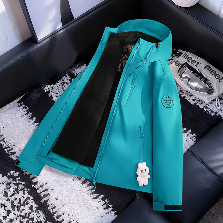 Damen Leichte wasserdichte Kapuzenjacke mit Teddy‑Charm und verdeckten Reißverschlusstaschen Echoarchiv