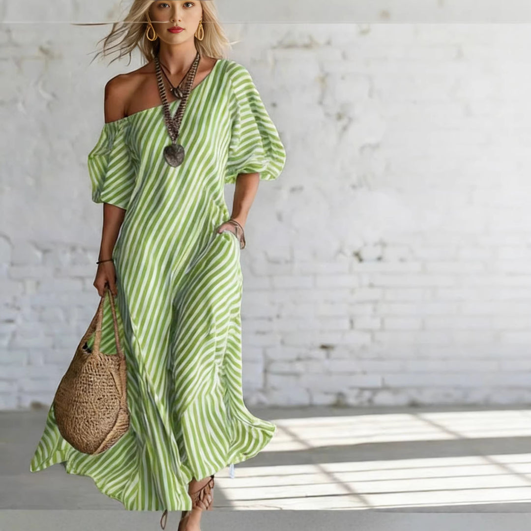 Damen Maxikleid mit asymmetrischem Schnitt und auffälligen Streifen Echo Archiv